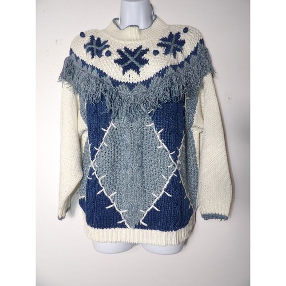 American Weekend Sweater Medium Knit 3D Vintage White Blue 80s Art - Picture 1 of 11